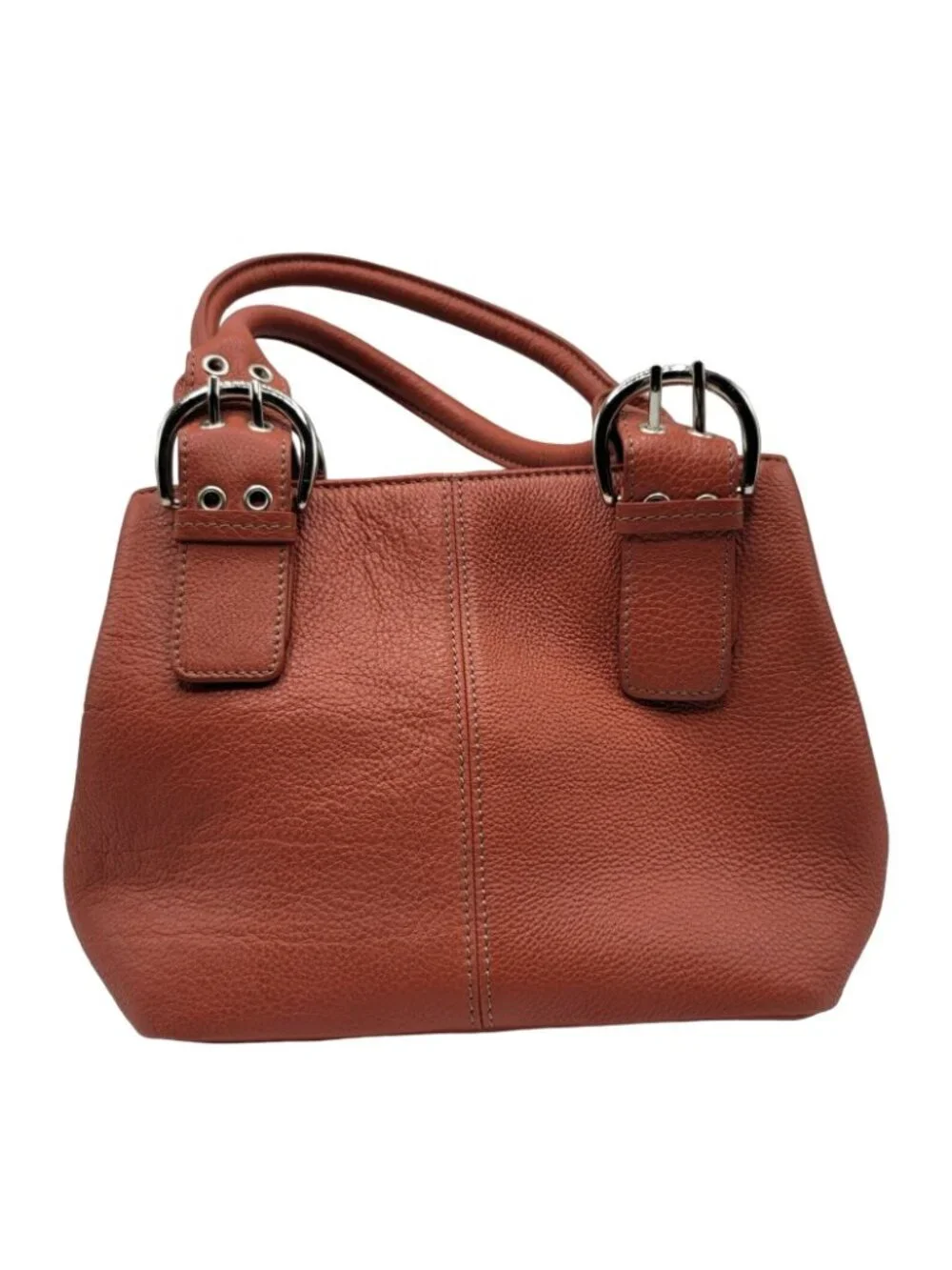 Clarks Pebbled Leather Satchel Handbag Brown Burnt Orange Buckle Dual Handles